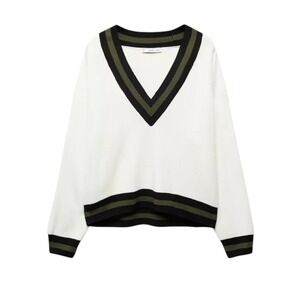 Mango White and Black V-Neck Sweater